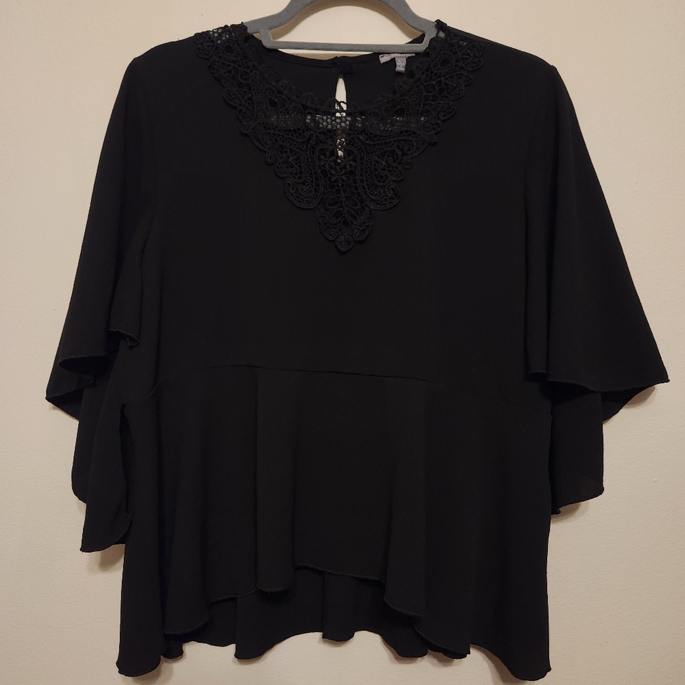 Black Crochet Lace Flutter Sleeve Peplum Blouse